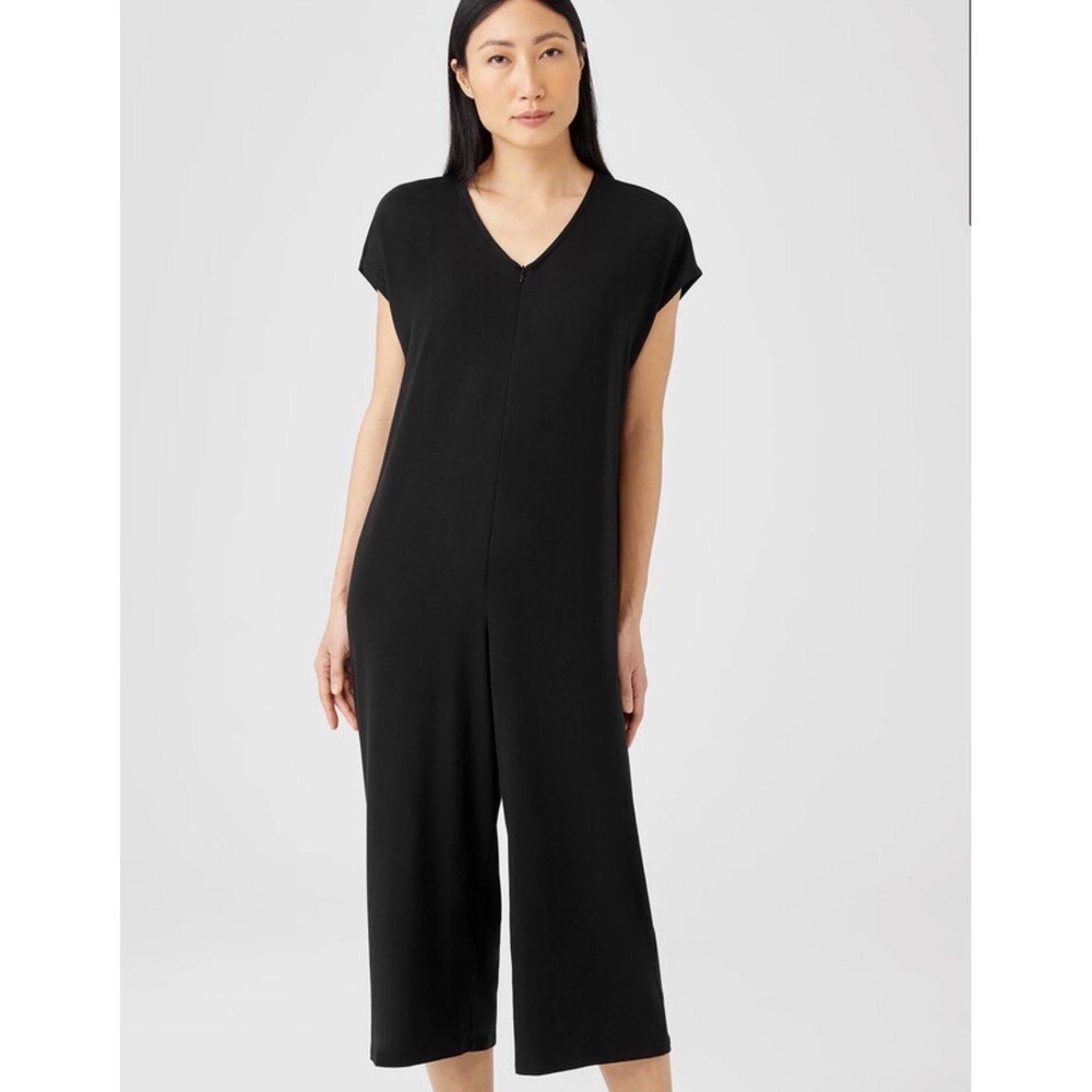 Eileen Fisher Black Jersey V-Neck Zip‎ Jumpsuit ponte lantern romper wide leg L